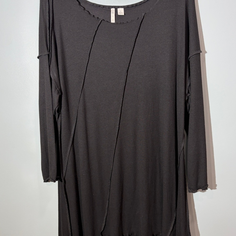 Cato Black Rib Knit Long Sleeve Exposed Seam Tunic Top Womens Large